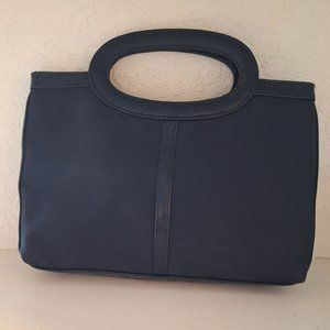 Navy Blue Purse Clutch Leather Like Nylon Trim & Cut Out Handle VTG